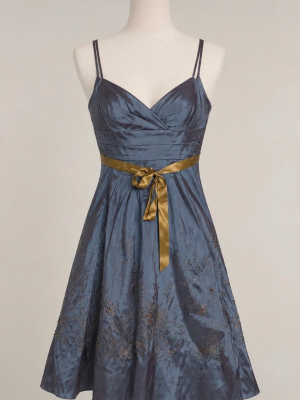Satin Dusty Blue Midi Dress with Gold Waist Tie